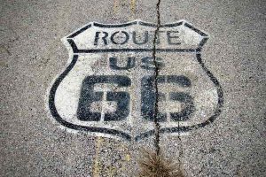 A Route 66 marker at the base of the Gasconade River bridge