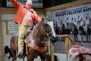 Steven Shundich atop a legless horse at the Ben Johnson Cowboy Museum in Pawhuska