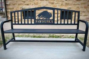 An ubiquitous bison-adorned bench in downtown Pawhuska, Oklahoma