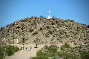 A view of the crucifix at grotto hill, built around 1905 east of Mission San Xavier del Bac